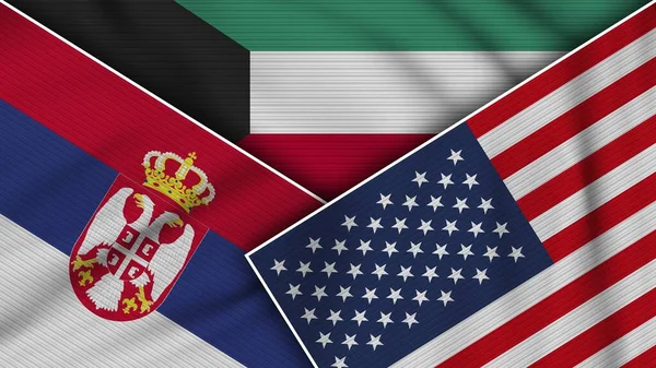 Kuvajt Spojené Státy Americké Serbia Flags Together Fabric Texture Effect — Stock fotografie