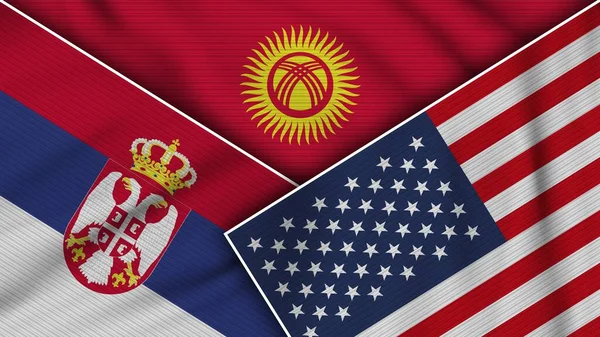 Kirghizistan Stati Uniti America Serbia Bandiere Insieme Tessuto Texture Effect — Foto Stock