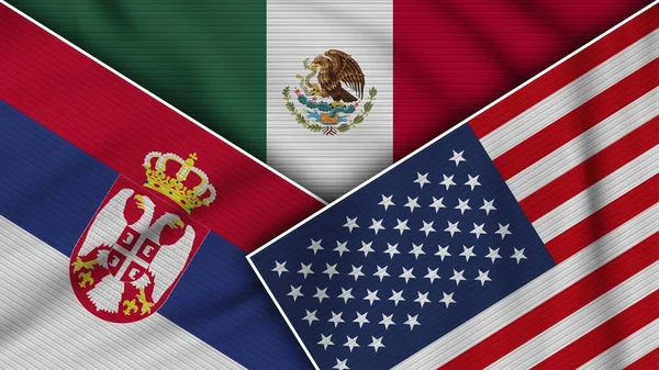 Mexiko Spojené Státy Americké Serbia Flags Together Fabric Texture Effect — Stock fotografie