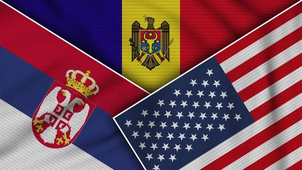 Moldova Amerika Serikat Bendera Serbia Bersama Efek Tekstur Kain Ilustrasi — Stok Foto