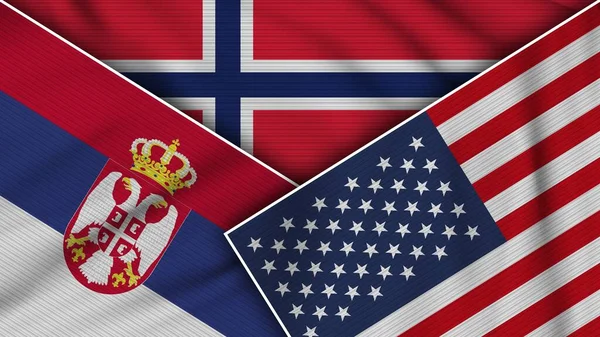 Norvegia Stati Uniti America Serbia Bandiere Insieme Tessuto Texture Effect — Foto Stock