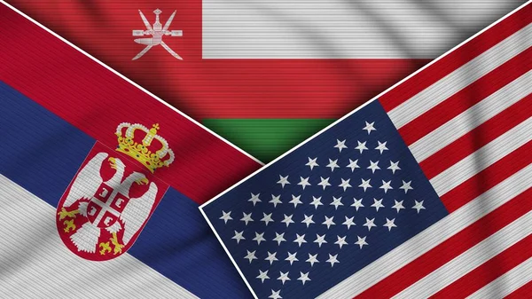 Oman United States America Serbia Flags Together Fabric Texture Effect — Stok Foto