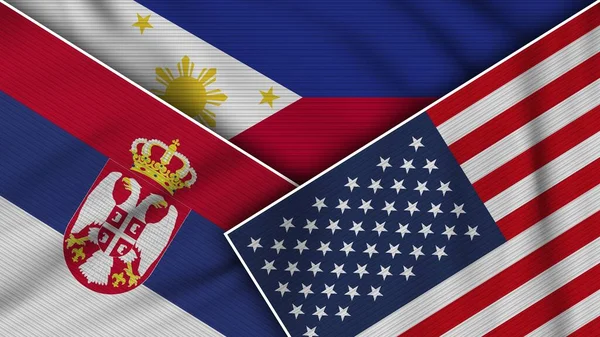 Filipiny Stany Zjednoczone Ameryki Flagi Serbia Razem Efekt Tekstury Tkaniny — Zdjęcie stockowe
