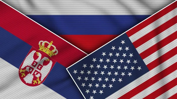 Rússia Estados Unidos América Sérvia Bandeiras Juntas Tela Textura Efeito — Fotografia de Stock