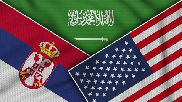 Arabia Saudita Stati Uniti America Serbia Bandiere Insieme Tessuto Texture — Foto Stock
