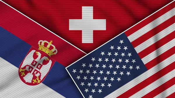 Switzerland United States America Serbia Flags Together Fabric Texture Effect — Stock Photo, Image