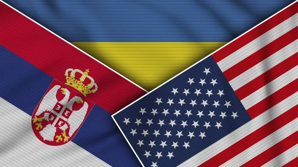 Ucrania Estados Unidos América Serbia Banderas Juntos Textura Tela Efecto — Foto de Stock