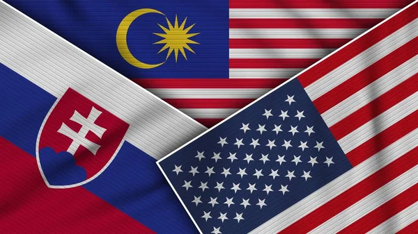 Malaysia United States America Slovakia Flags Together Fabric Texture Effect — Stock Photo, Image