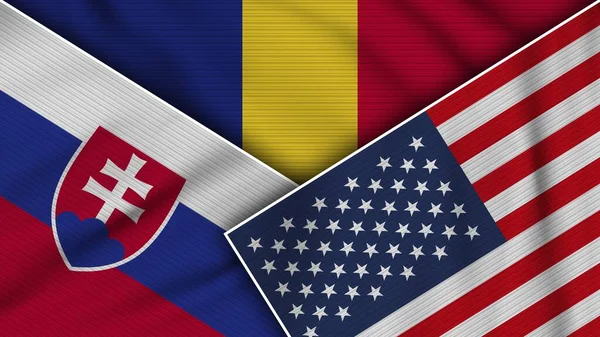Rumania Amerika Serikat Slowakia Bendera Bersama Efek Tekstur Kain Ilustrasi — Stok Foto