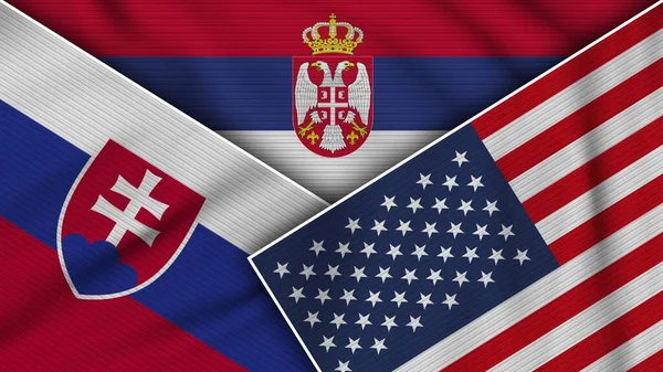 Serbia Stany Zjednoczone Ameryki Słowacja Flagi Razem Fabric Texture Effect — Zdjęcie stockowe