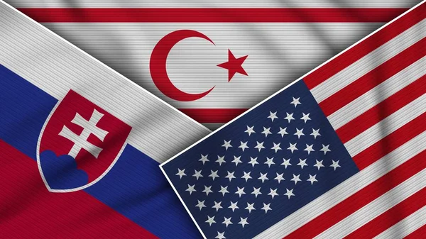 North Cyprus United States America Slovakia Flags Together Fabric Texture — Stock Photo, Image