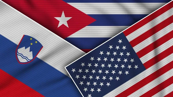 Kuba Vereinigte Staaten Von Amerika Slowenien Fahnen Zusammen Stoff Textur — Stockfoto