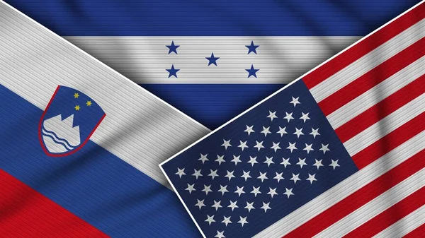 Гондурас United States America Slovenia Flags Together Fabric Texture Effect — стокове фото