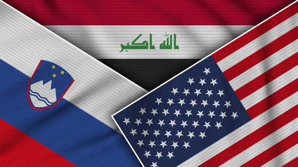 Irak Stany Zjednoczone Ameryki Słowenia Flagi Razem Fabric Texture Effect — Zdjęcie stockowe