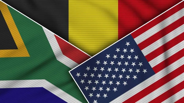 Bélgica Estados Unidos América Sudáfrica Banderas Juntas Textura Tela Efecto — Foto de Stock