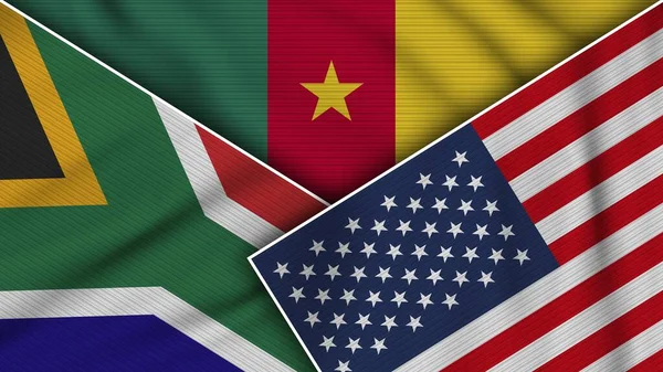 Camerún Estados Unidos América Sudáfrica Banderas Juntos Textura Tela Efecto — Foto de Stock