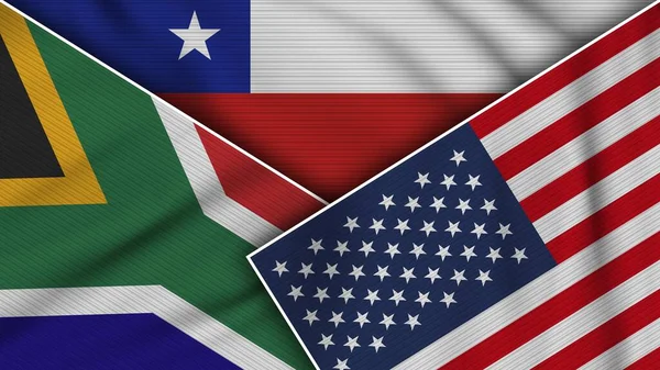 Chile Estados Unidos América Sudáfrica Banderas Juntas Textura Tela Efecto — Foto de Stock