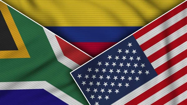 Colombia Stati Uniti America Sudafrica Bandiere Insieme Tessuto Texture Effetto — Foto Stock