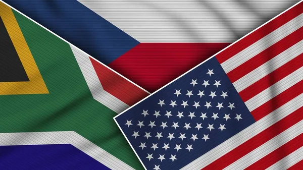 Repubblica Ceca Stati Uniti America Sudafrica Bandiere Insieme Tessuto Texture — Foto Stock