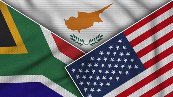 Cipro Stati Uniti America Sudafrica Bandiere Insieme Tessuto Texture Effect — Foto Stock