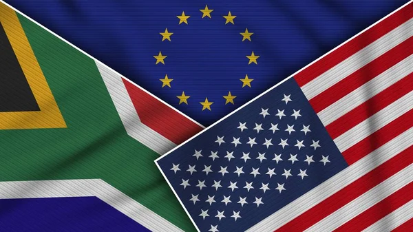 Unione Europea Stati Uniti America Sudafrica Bandiere Insieme Tessuto Texture — Foto Stock