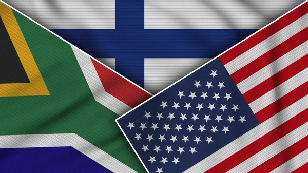 Finlandia Estados Unidos América Sudáfrica Banderas Juntas Textura Tela Efecto — Foto de Stock