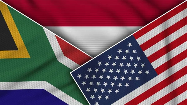 Indonesia Estados Unidos América Sudáfrica Banderas Juntas Textura Tela Efecto — Foto de Stock