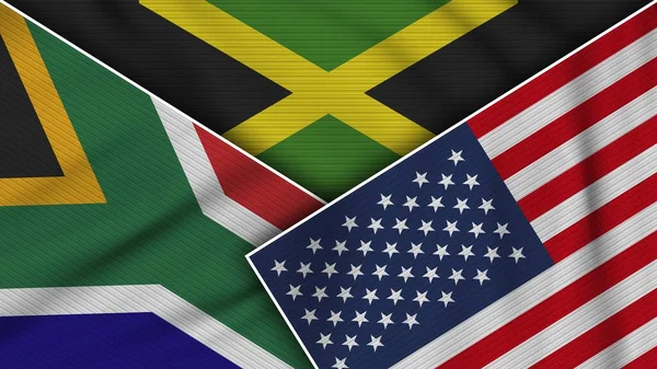 Giamaica Stati Uniti America Sudafrica Bandiere Insieme Tessuto Texture Effetto — Foto Stock