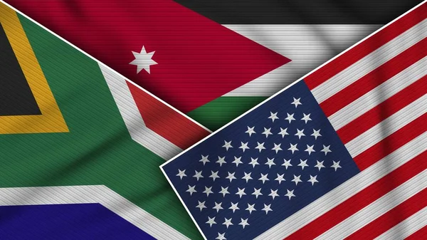 Giordania Stati Uniti America Sudafrica Bandiere Insieme Tessuto Texture Effect — Foto Stock