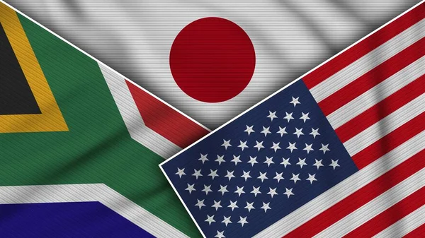 Japón Estados Unidos América Sudáfrica Banderas Juntas Textura Tela Efecto — Foto de Stock