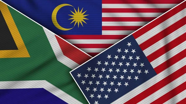 Malasia Estados Unidos América Sudáfrica Banderas Juntas Textura Tela Efecto — Foto de Stock