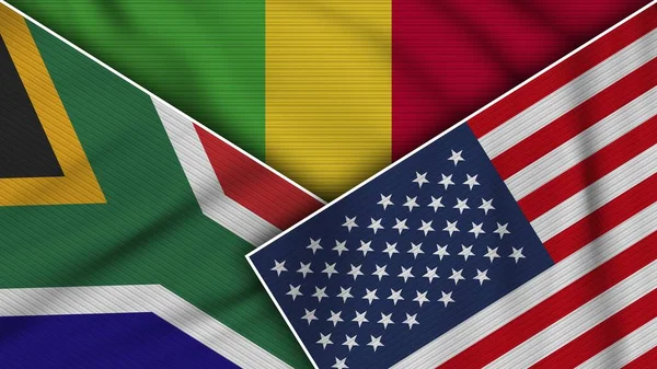 Mali Usa Sydafrika Flaggor Tillsammans Tyg Textur Effekt Illustration — Stockfoto
