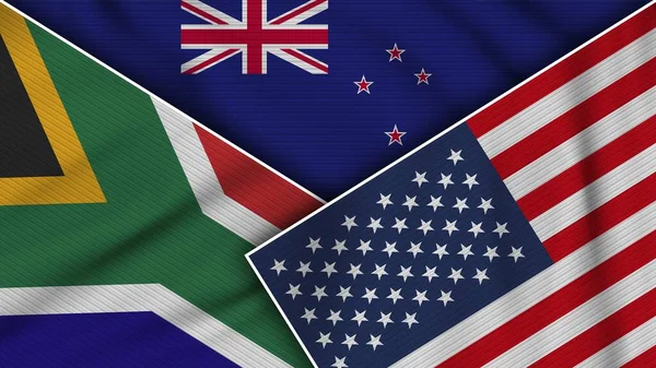 Nuova Zelanda Stati Uniti America Sudafrica Bandiere Insieme Tessuto Texture — Foto Stock