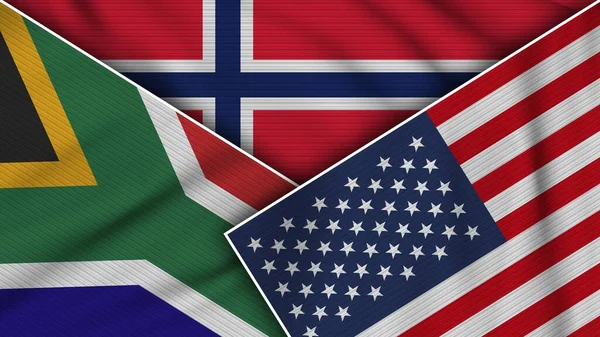Noruega Estados Unidos América África Sul Bandeiras Juntas Tela Textura — Fotografia de Stock