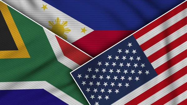 Filippine Stati Uniti America Sudafrica Bandiere Insieme Tessuto Texture Effect — Foto Stock