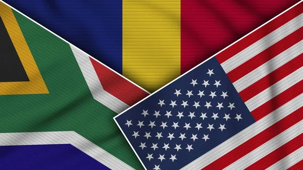 Romania Stati Uniti America Sudafrica Bandiere Insieme Tessuto Texture Effect — Foto Stock