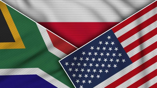 Polonia Estados Unidos América Sudáfrica Banderas Juntas Textura Tela Efecto — Foto de Stock