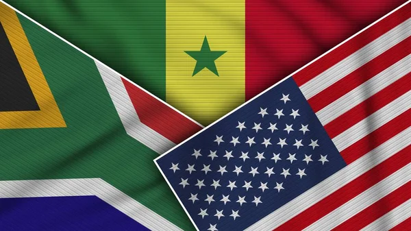 Senegal Estados Unidos América Sudáfrica Banderas Juntas Textura Tela Efecto — Foto de Stock