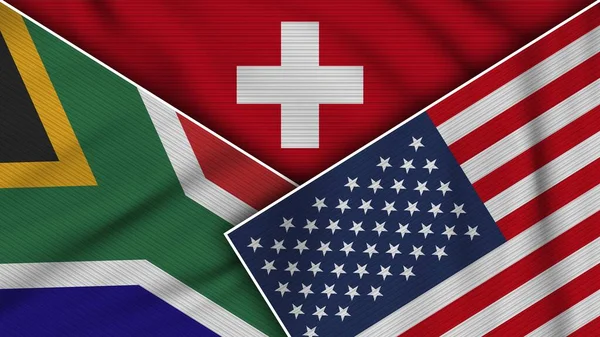 Svizzera Stati Uniti America Sudafrica Bandiere Insieme Tessuto Texture Effect — Foto Stock