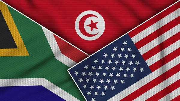 Tunesien Vereinigte Staaten Von Amerika Südafrika Fahnen Zusammen Stoff Textur — Stockfoto