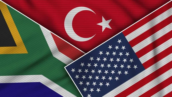Turchia Stati Uniti America Sudafrica Bandiere Insieme Tessuto Texture Effect — Foto Stock