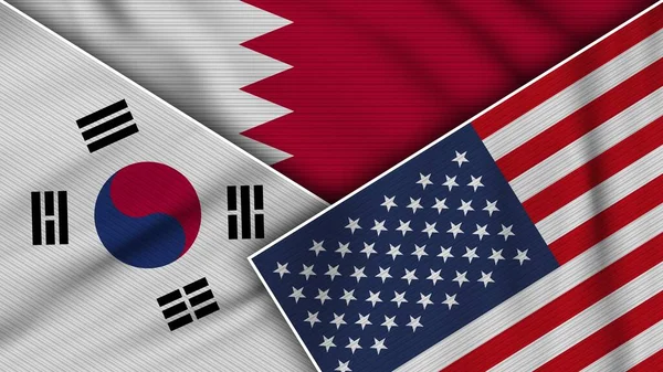 Bahrain United States of America South Korea Flags Together Fabric Texture Effect Illustration