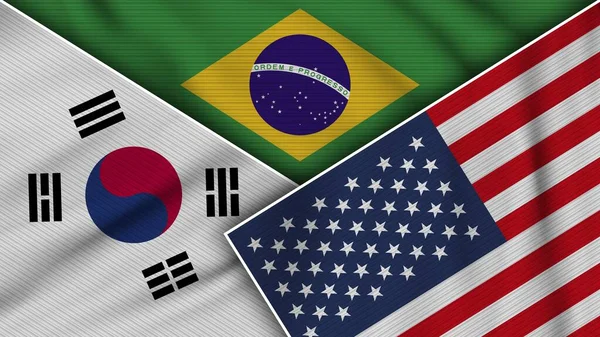 Brazil United States of America South Korea Flags Together Fabric Texture Effect Illustration
