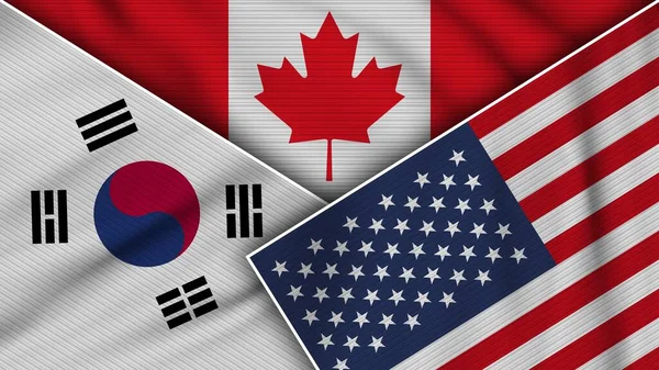 加拿大美利坚合众国南韩国旗一起织物纹理效果图解 — 图库照片