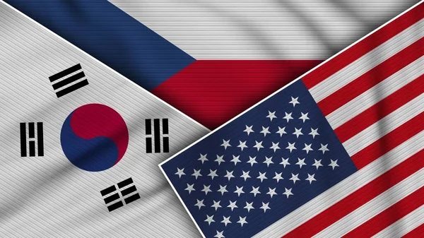 捷克共和国美利坚合众国南韩国旗一起织造纹理效果图解 — 图库照片