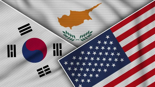 Cyprus United States of America South Korea Flags Together Fabric Texture Effect Illustration