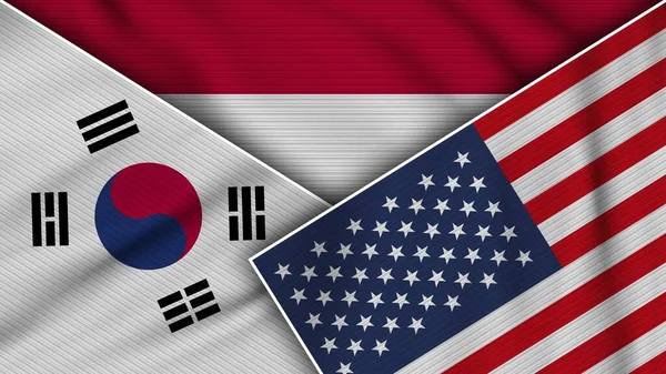 印度尼西亚美利坚合众国南韩国旗一起织造纹理效果说明 — 图库照片