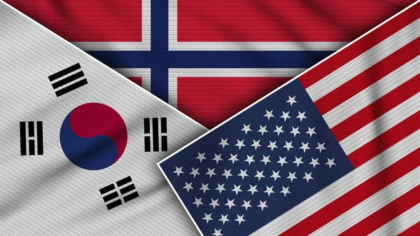 挪威美利坚合众国韩国国旗一起织造纹理效果图解 — 图库照片