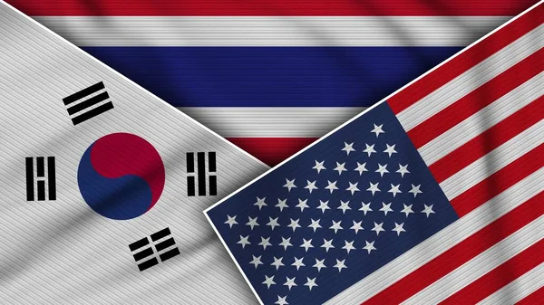 泰国美利坚合众国南韩国旗一起织造纹理效果图解 — 图库照片