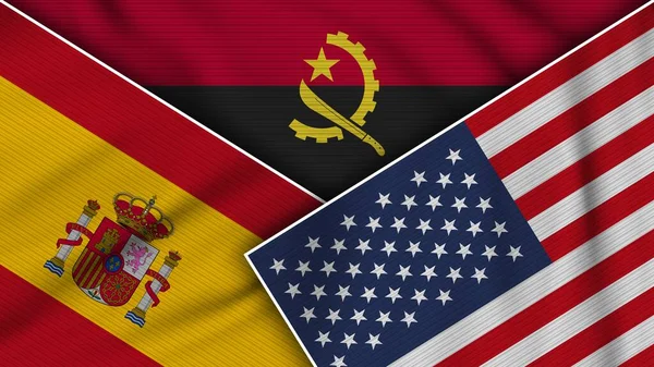 Angola Amerikai Egyesült Államok Spanyolország Flags Together Fabric Texture Effect — Stock Fotó
